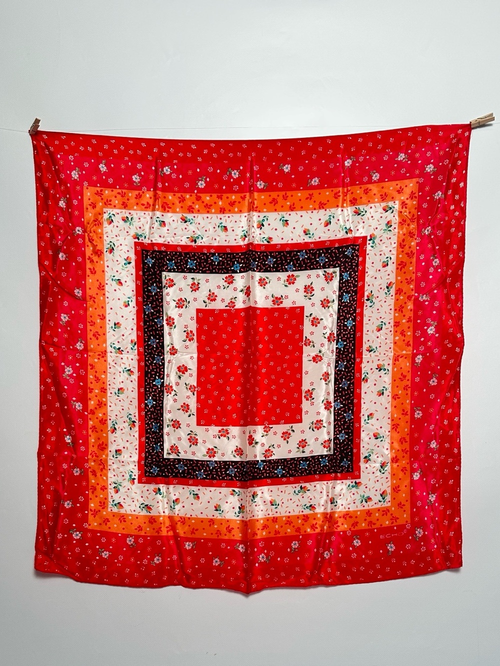 Echo Vintage 100% Silk Scarf Japan Red Pink Peach White Black Floral